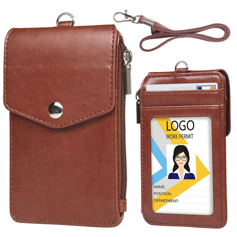 Business Card Holder with Lanyard Zipper ID Card Holder Luxury Leather Desk Accessory Photocard