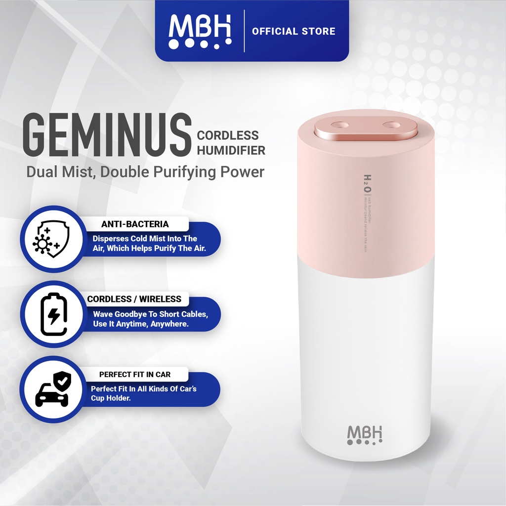 MBH Geminus Wireless Humidifier, Rechargeable Humidifier, Portable Humidifier, Double Mist Humidifier