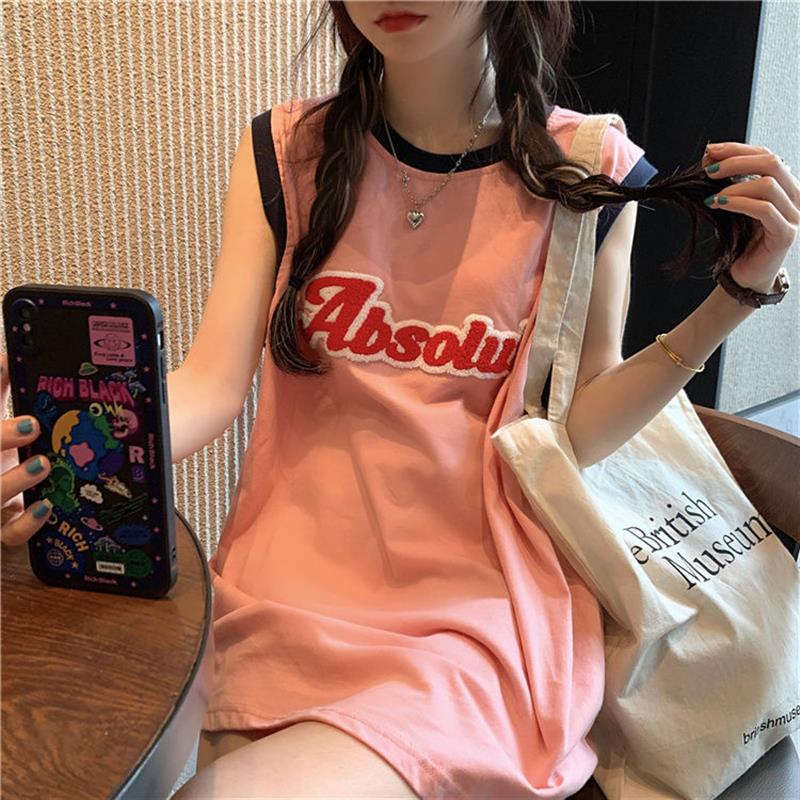 【夏季热卖/无袖T】Pink embroidery letters women粉色刺绣字母无袖背心宽松T恤女设计感小众2022夏新款薄款上衣潮木棉时尚女装旗舰店22.4.16
