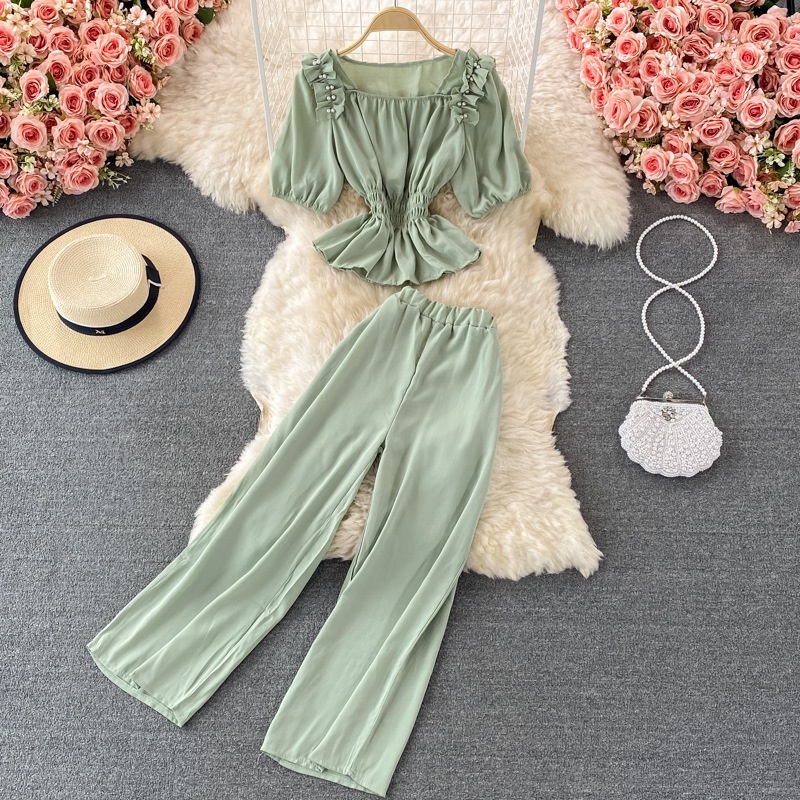 [Ready Stock] 2022 New Style Korean Version 6 Colors One Size Waist Ruffle Swing Shirt Square Neck Puff Sleeve Short Top+High Casual Wide-Leg Pants Temperament Modern Fashion Dress Trousers Women Two-