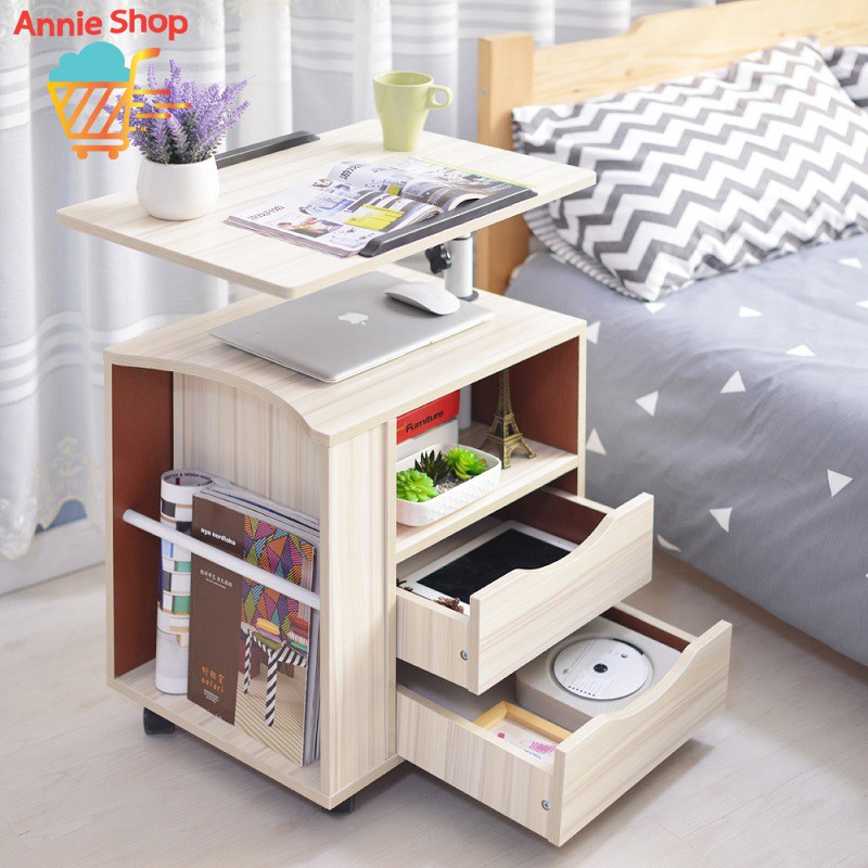 ANNIE Modern Swivel Movable Bedside Table Desk Wooden With Drawers