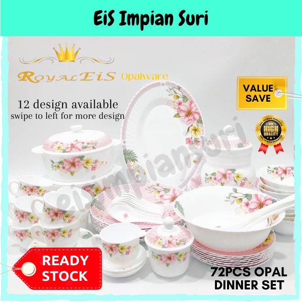 (Ready Stock!!) Royal EIS 72pcs Premium Opal Glass Round Dinner Set Dinnerware Set PINGGAN MAKAN KACA CAWAN Plate Bowl