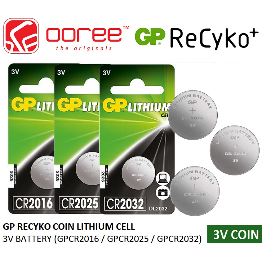 GP RECYKO CR2016, CR2025, CR2032 , CR2430 , CR2450 , CR1220 COIN LITHIUM CELL BATTERY 3V FOR CAR KEYS, REMOTE CONTROL