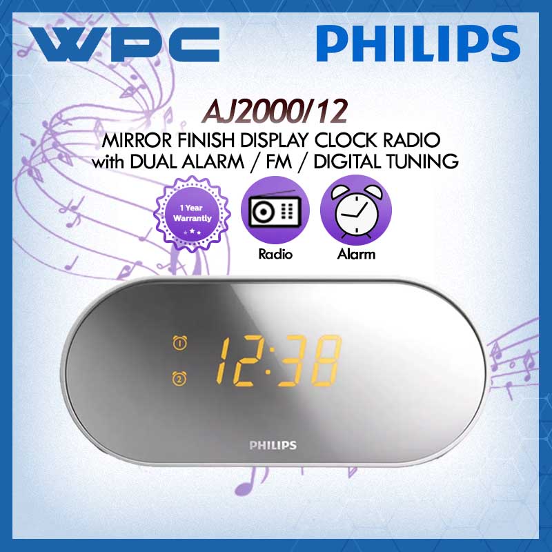 PHILIPS AJ2000/12 MIRROR FINISH DISPLAY CLOCK RADIO with DUAL ALARM / FM / DIGITAL TUNING