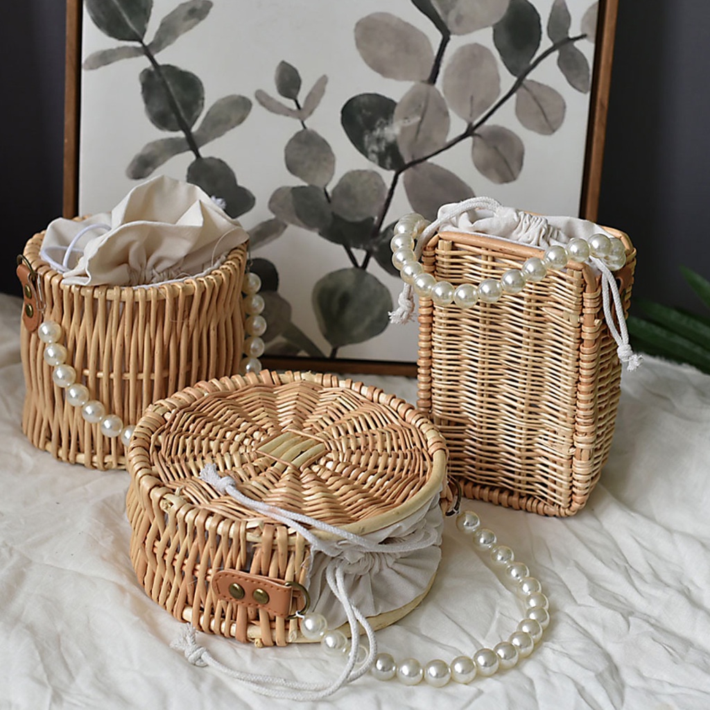 Beach Rattan Bag Handbag Basket Brown Not Contain Handwoven Cute Straw Pearl Handle Tote