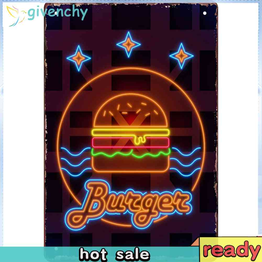 20*30CM✿Vintage Neon Burger Retro Metal Plate Tin Sign Plaque Poster Wall Art Decor