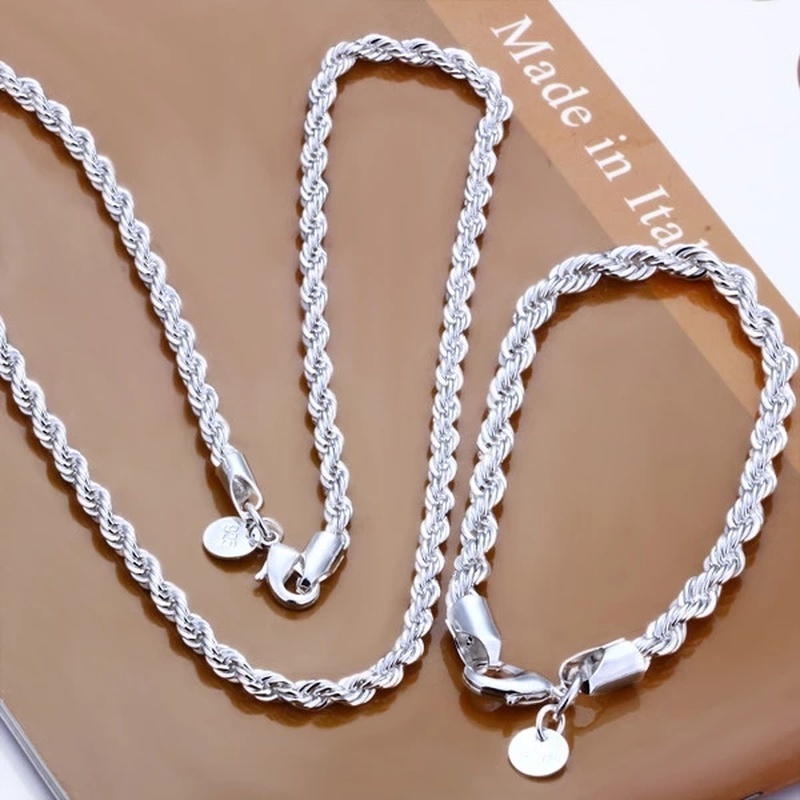 High quality 925 Silver 3MM Women Men chain Male Twisted Rope Necklace Bracelets Fashion Silver Jewelry Set