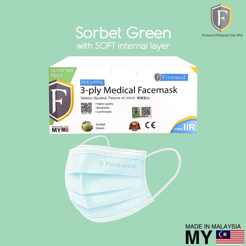 (Green) Firstmed 3ply Disposable Medical Face Masks BFE>99 [Made in