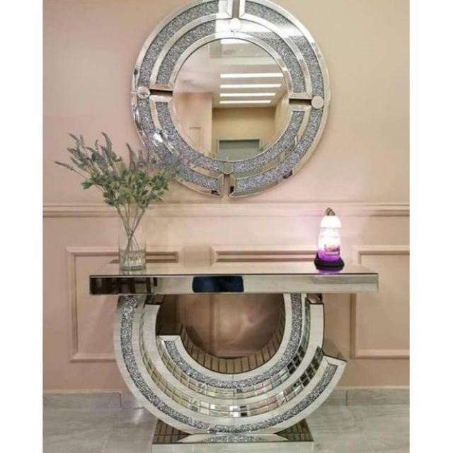 Glass Console Table With Round Diamond, Half Round Console Table With Mirror