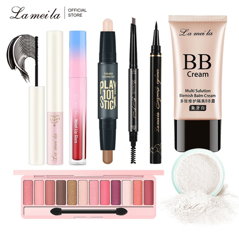ชุดแต่งหน้า lameila รวมถึง BB ครีมแป้งเงาตาคิ้วดินสอขนตาและลิปสติก