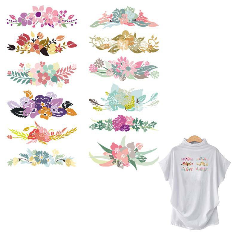 12Pcs/Set Flowers Stickers Child Ink Style Flower Stripe Diy T-Shirt Clothing Stickers Eco-Friendly Fabric Patchestransfer