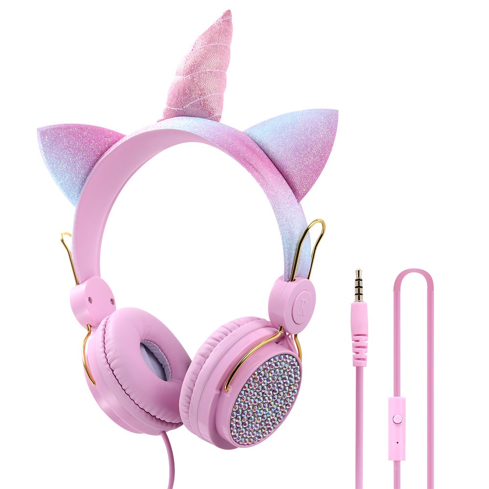 【Hot Sale】Cute Kids Headset Colorful Diamond Unicorn Girl Wired Headphones Music Stereo Phone Computer Earphones Children Christmas Brithday Gifts