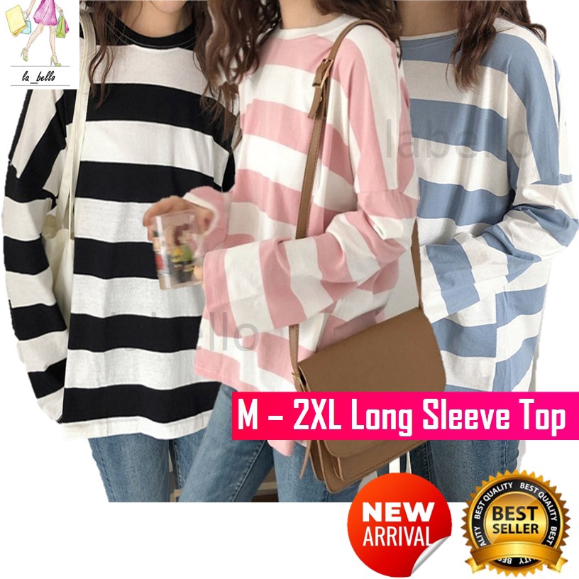 [READY STOCK] M - 2XL PLUS SIZE Korea Loose Stripe Shirt Long Sleeve Top T-shirt Baju Jalur Baju Viral Lengan Panjang