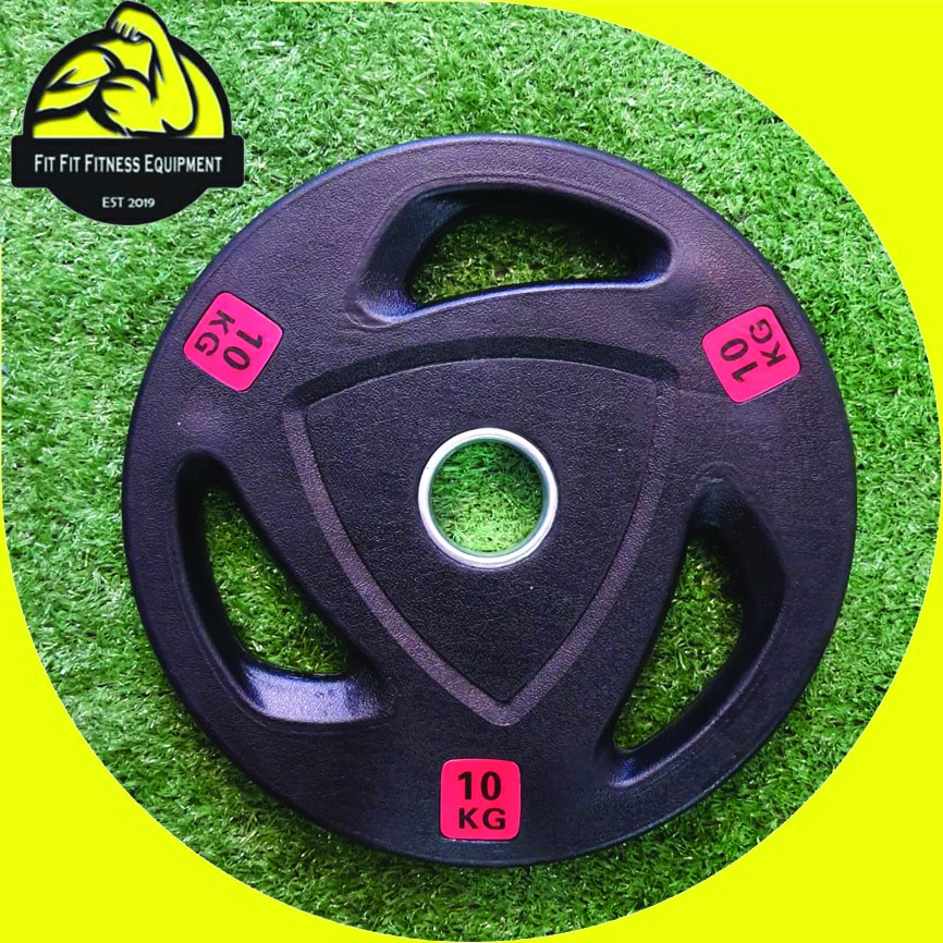 Ready Stock ✅ Olympic 10KG (50mm/ 5cm hold) Weight Plate Tri Grip Metal Plate Olympic Weight Plates Rubber Coated