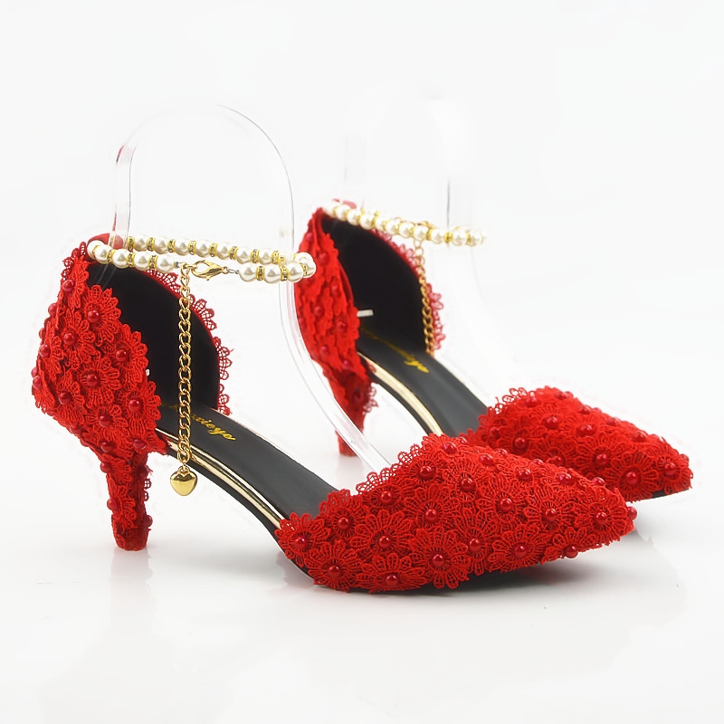 One Button Women Wedding Bridal Shoes Pointed Red Lace High Heel Crystal Sandals Shopee Malaysia