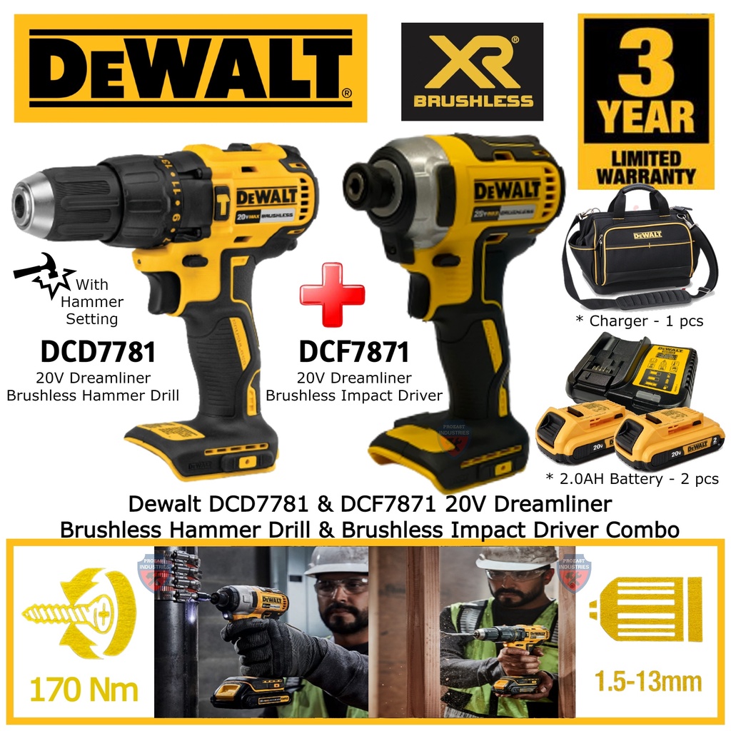 DEWALT DCD7781D2-B1 20V Brushless Cordless Hammer Drill & DCF7871D2-B1 ...