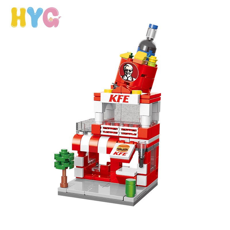 HYG Toys 164PCS Mini City Street View Retail Store Mini Building Blocks Fast Food Burger Shop Apple Shop Coffee Shop 3D Educational Brickwork Children's Toys Compatible