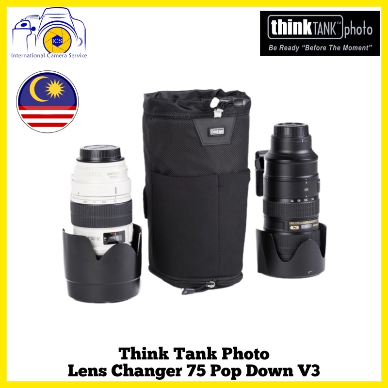 Think Tank photo Lens Changer 75 Pop Down V3.0 LC 75 Modular pouch accommodates a 70–200mm f/2.8 lens with hood reversed