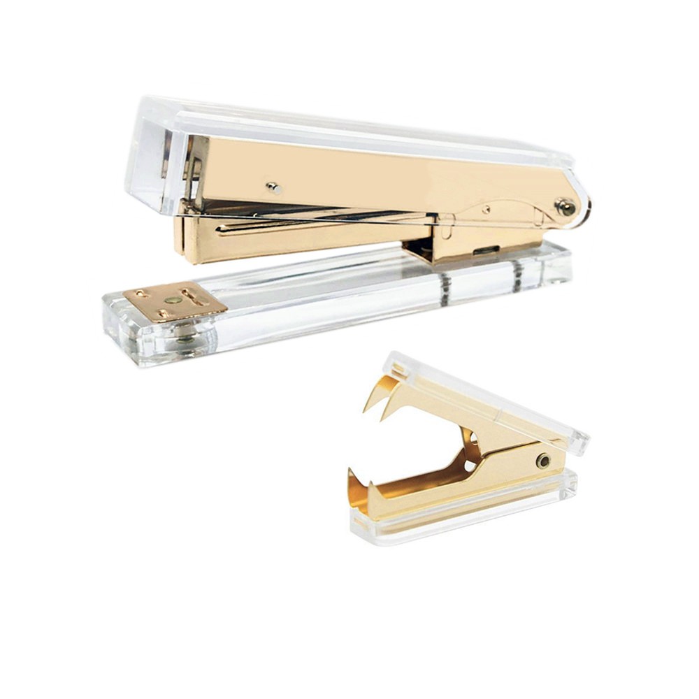 Office Stapler Staples Remover Set Clear Acrylic Gold Tone Desk