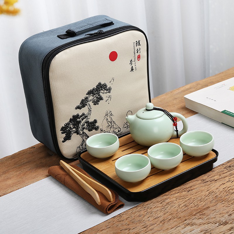 Black Panghuhu88 Travel Ceramic Tea Set Portable Japanese/Chinese Teacup Set for Outdoor Kungfu Tea Pot Cup Set with Travel Bag for Adults 