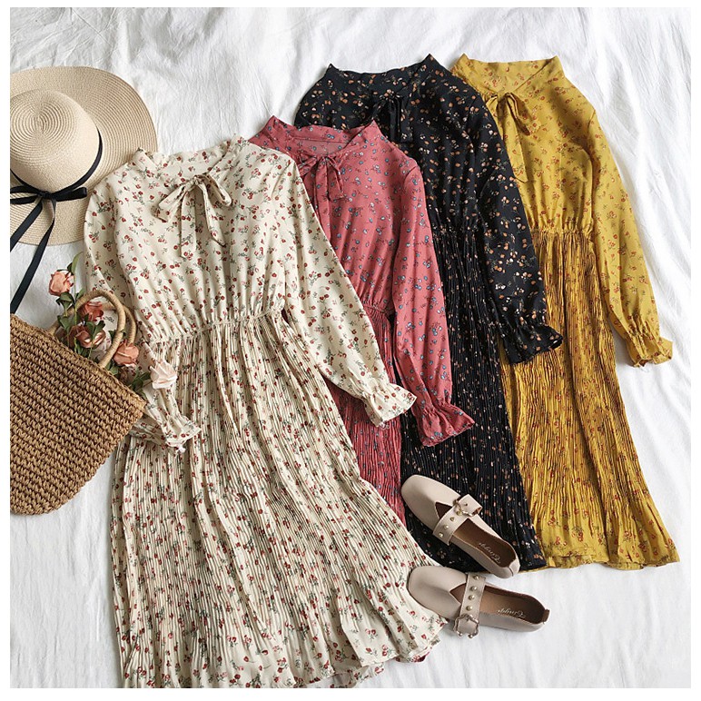 Ready Stock Spring Autumn Summer Fashion Korean Casual Women's Chiffon Dresses Floral Printing Long Sleeve Elegant Midi dress