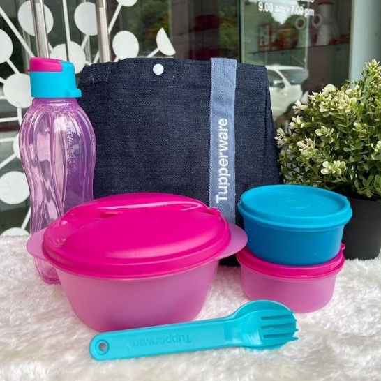 Tupperware Safe 2 Go Set + Blue Jean Bag Full Set / Set Without Bag / Turquoise with Pink Color Lunch Box