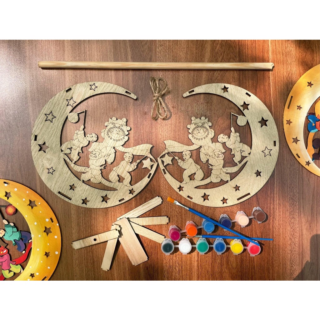 20cm diameter Mid-Autumn Festival lantern making kit made of rustic wood with lights for creative children, comes with 12 colors + 2 brushes