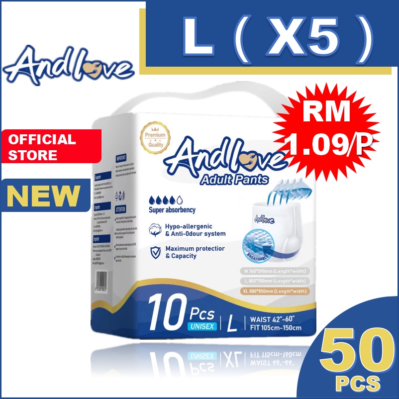 [24 hours delivery] ANDLOVE Adult Diapers L (5Packs/50Pcs） Adult Pull-Up Pants, Leak-Proof
