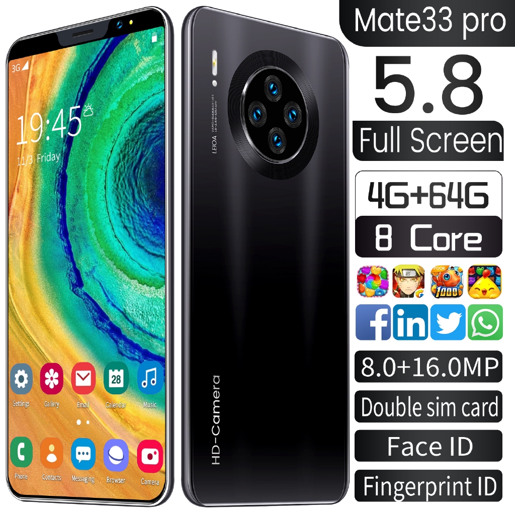 Original Ready Stock 2020 Newest Mate33 Pro Hand Phone Murah 4gb Ram 64gb Rom Android Smartphone 5 8inch Full Screen Mobilephone Android 9 1 System Handphone Hd Rear Cameras Dual Sim Cards Fon Smart Phone