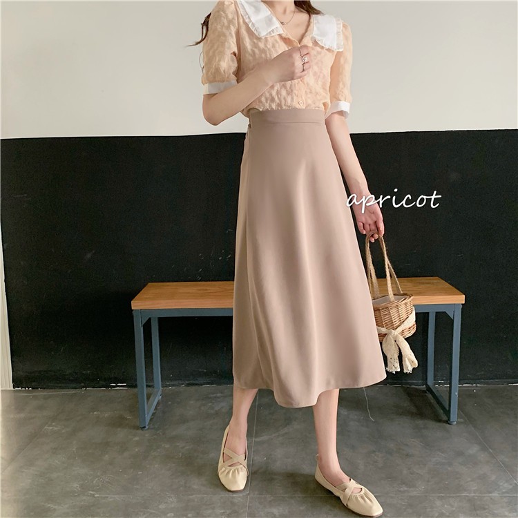 skirt women A-line high waist New Korean mid-length Skirts freeshipping