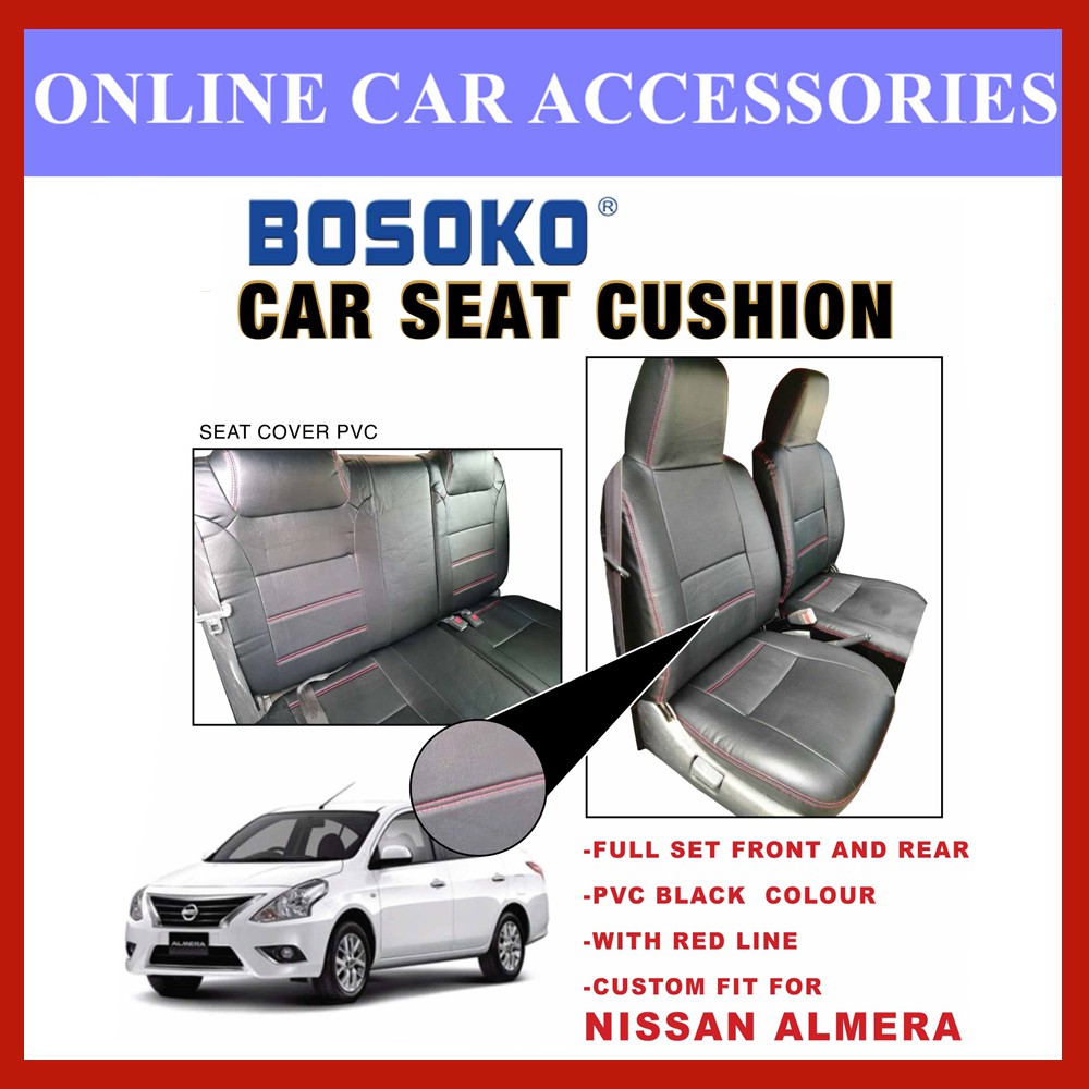 Nissan Almera - Custom Fit OEM Car Seat Cushion Cover PVC Black Colour Shining With Red Line (Made In Malaysia)