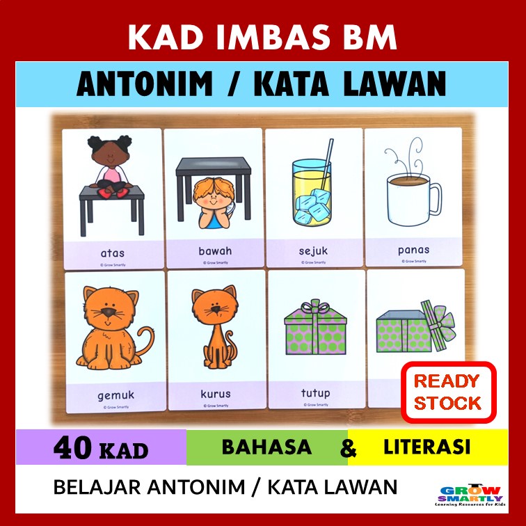 40 Kad Imbas Bahasa Melayu Kata Lawan Adjektif Antonim Flash Cards for