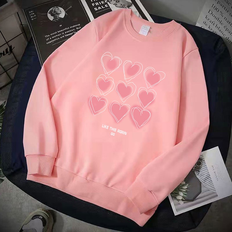 Fashion Women Sweatshirt Pink Love Print Korean New Oversized Woman Sweater Long-sleeved Autumn Round Neck Tshirt Sport Tops Baju