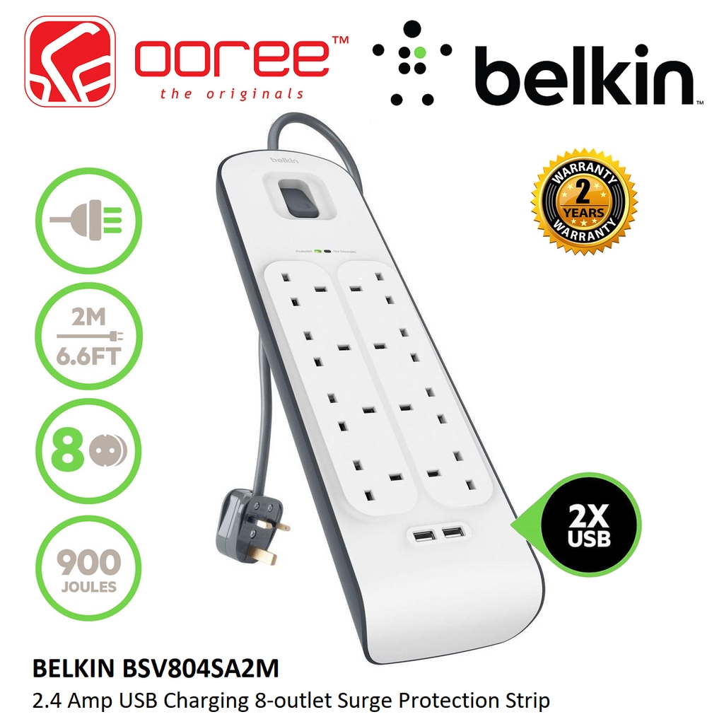 BELKIN BSV804SA2M 8 UK PLUGS + 2 USB EXTENSION SOCKET SURGE PROTECTOR SOCKET PLUG WITH SIRIM APPROVED, 2METER