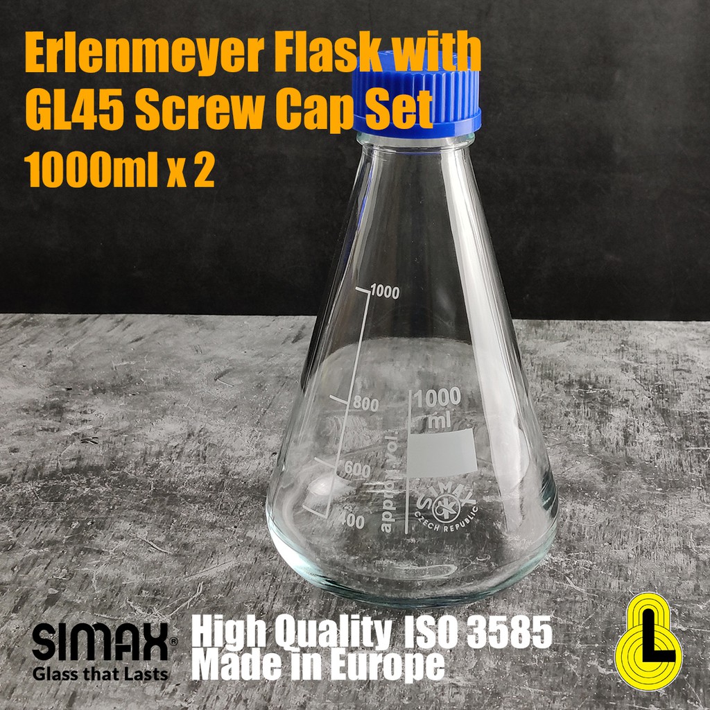 Erlenmeyer Conical Flask with Screw Cap 1L/1000ml, Set (2 pieces) Simax
