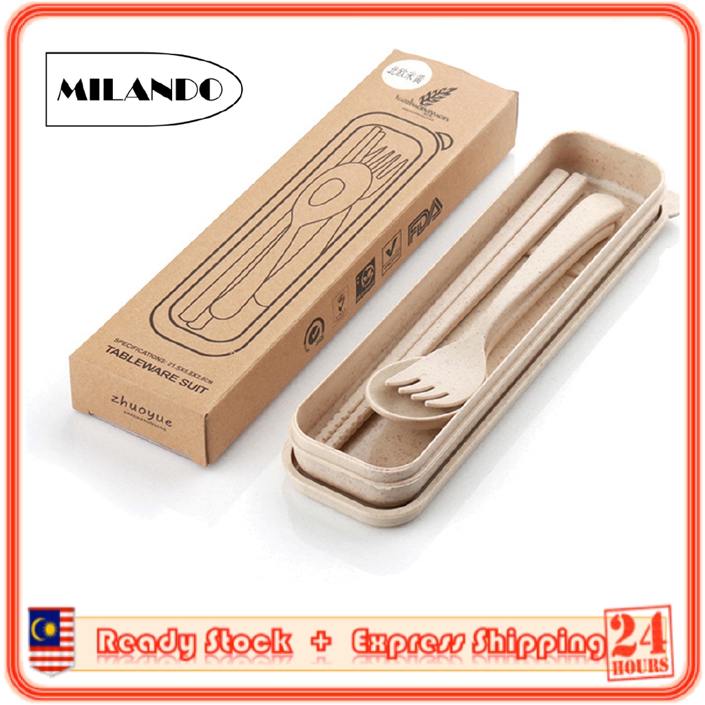 (3-Piece) MILANDO Eco-Wheat Cutlery Set Portable Travel Utensil Tableware Set FREE STORAGE box (Type 5)