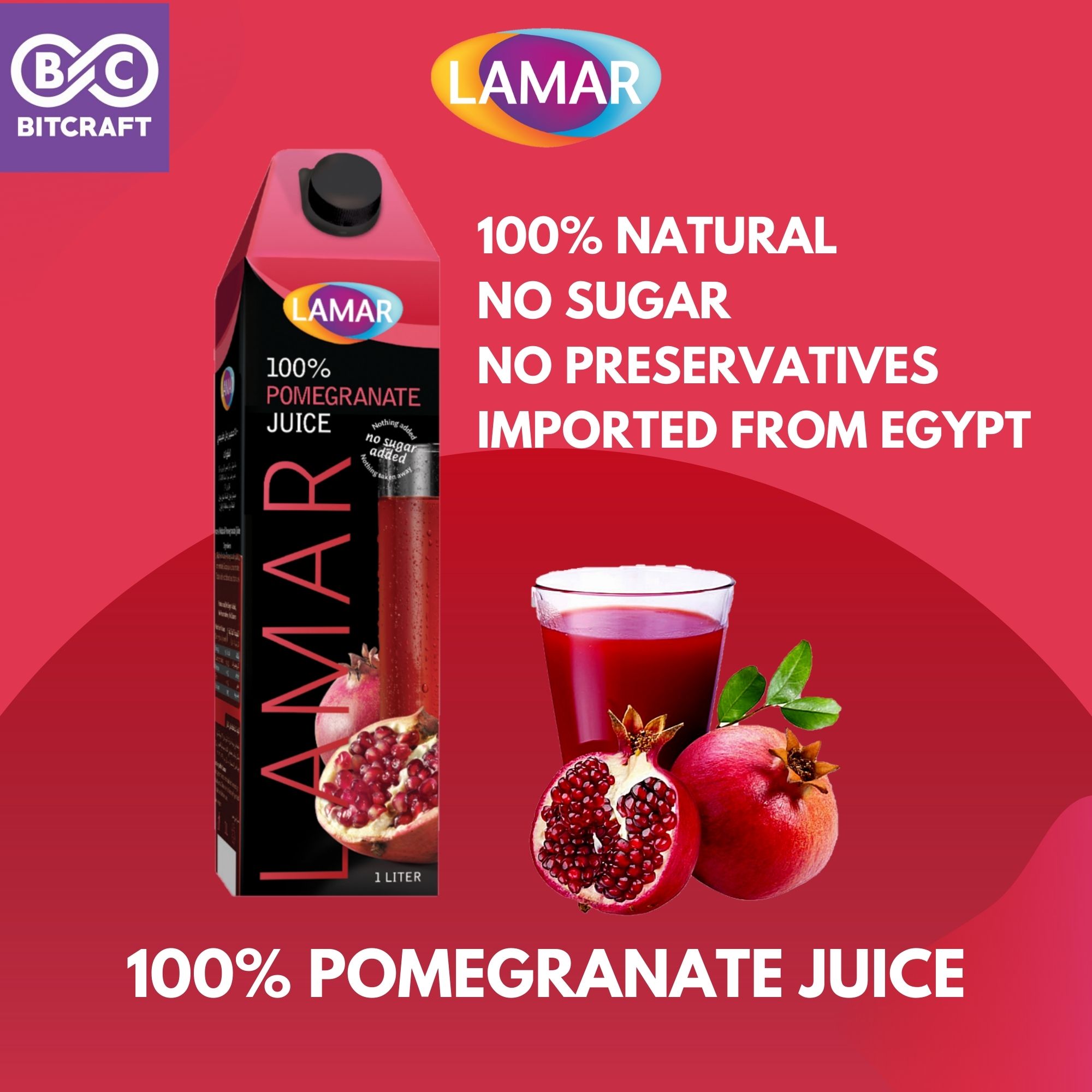 LAMAR 100 Pomegranate Juice 1L No Sugar Imported From Egypt No