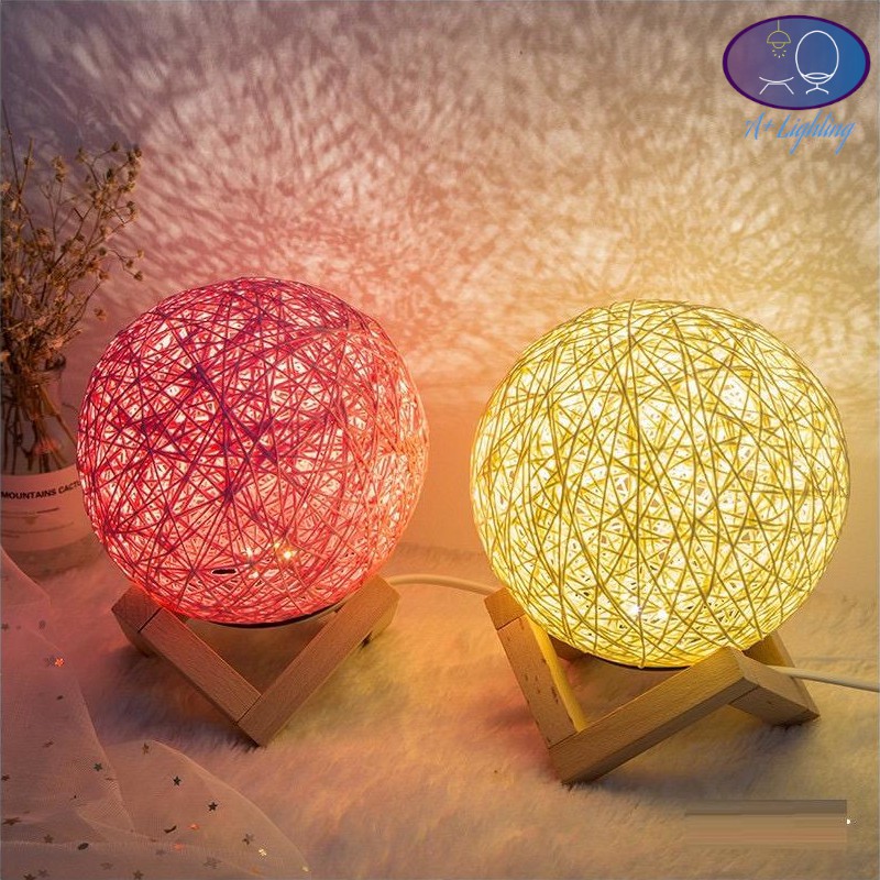  2 Pin Plug Rattan Ball LED Table Lamp 3D Moon Night 