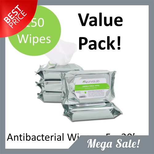 Antibacterial Wipes 5 in 1 Pack (5 x 30's), Natural Extracts, Chamomile, Aloe Vera, Fragrance-Free, Alcohol-Free, Silic