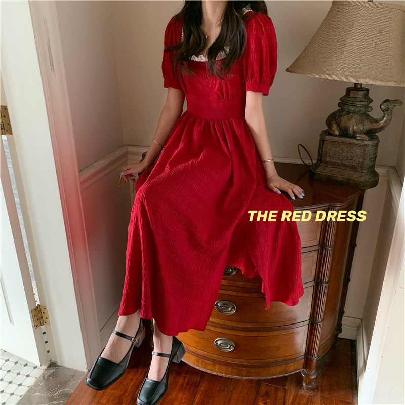 Indulge In Temperament Retro Red Square Collar Plaid French Dress Square Neck Short Sleeve One Piece Dress Dress Dress Over Knee Long Dress Short Sleeve Shirt Top Shopee Malaysia