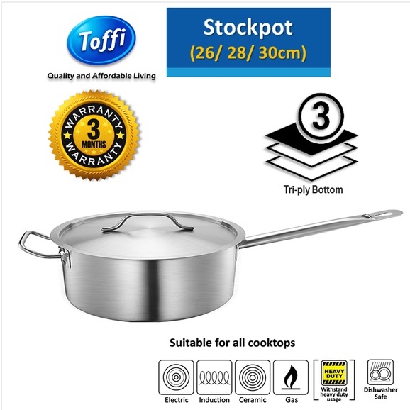 TOFFI 3 Layers Triply Shallow Saucepan Stainless Steel With Lid & Ear