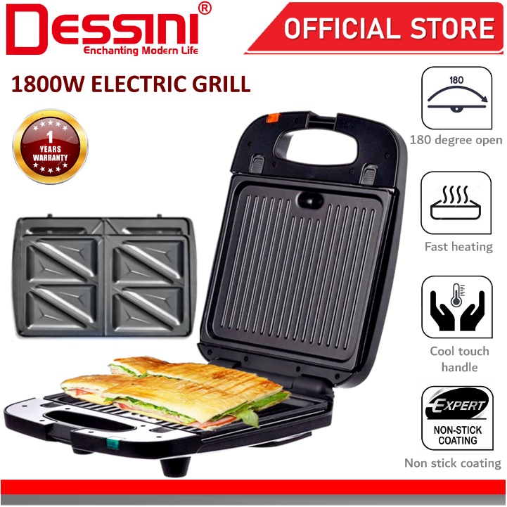 DESSINI ITALY 180° Open Double Sided Electric Pizza Panini Waffle Sandwich Maker Toaster BBQ Grill Non-Stick Baking Pan