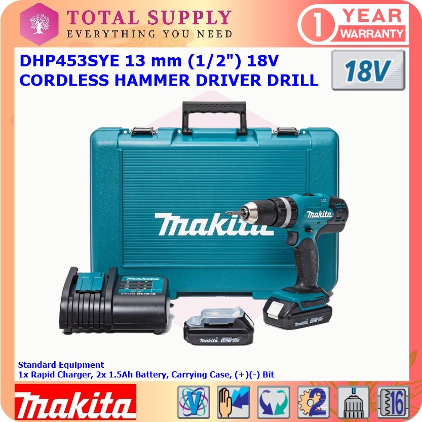 DHP453SYE MAKITA 13 mm (1/2") 18V CORDLESS HAMMER DRIVER DRILL / DHP453