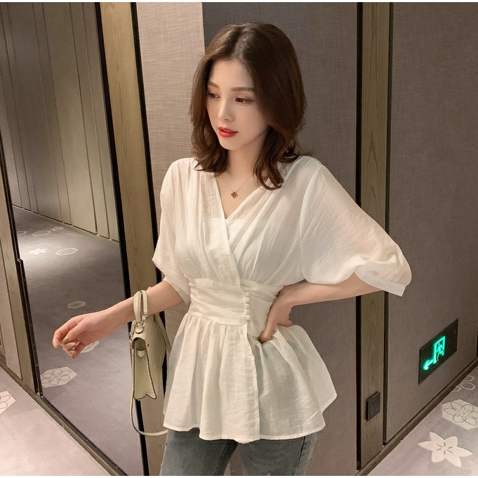2021 Korean  Fashion V Neck Short Sleeve Women White Long 