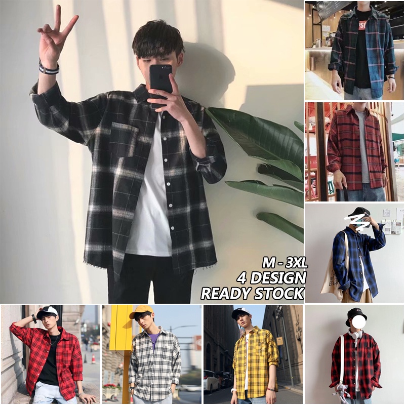 【M-3XL】4 Design Baju Kemeja petak lelaki Men's Handsome Checkered Lapel Collared long sleeve shirt for youth mens Korean Style Fashion Stand-up Collar Casual Plaid shirt/男士长袖格子衬衫