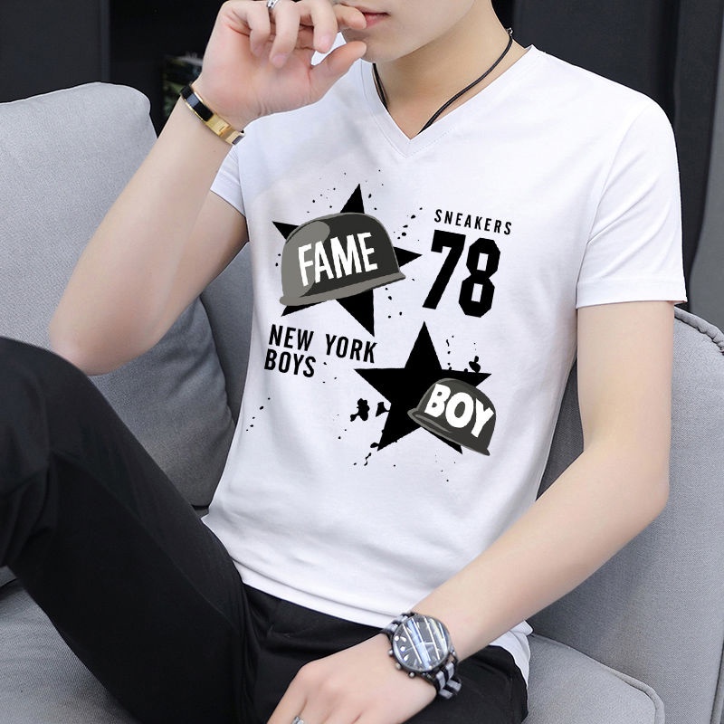 Short-Sleeved T-Shirt Men S V-Neck Cotton Half-Sleeved Slim Summer New White T-Shirt Men S Handsome Shirt Trend