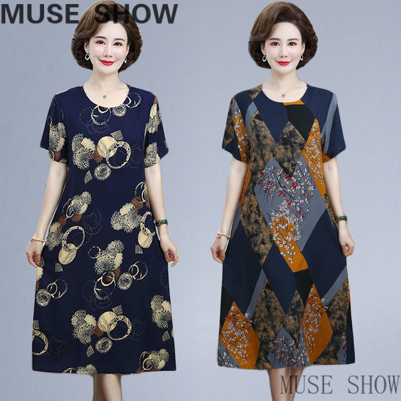 Cotton Silk Temperament Slimmer Look Women's Summer~Mother SHOW2022 Mid-Length Fashion Over-the-Knee Dress Mother Slimmer Look Temperament Summer 2022 Loose Skirt Pocket Dress Short-Sleeved MUSE New Style Mother Dress Summer New Style Middle-Age Elderly P