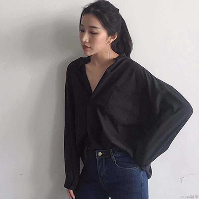 Kemeja V-Neck Lengan Panjang Model Longgar untuk Wanita | Shopee Malaysia