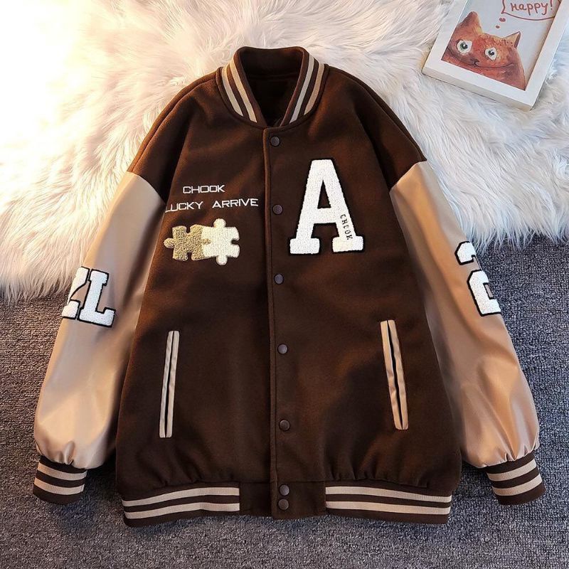 PUZZLE CHOCK BROWNIE VARSITY BASEBALL OVERSIZE BOMBER/ KOREAN STYLE BASEBALL JACKET