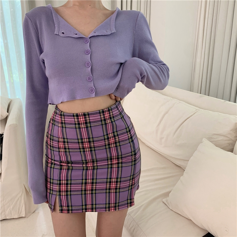 purple plaid cardigan